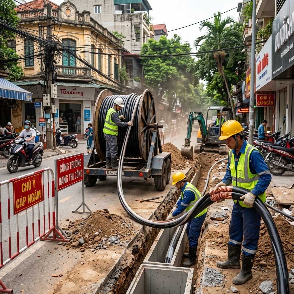 Cáp điện 1 lõi hạ thế CXV đang được thi công Cáp điện 1 lõi hạ thế CXV đang được thi công
