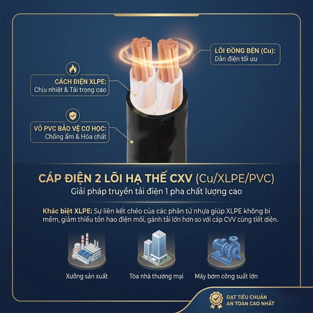 Cáp điện 2 lõi hạ thế cxv giải pháp truyền tải điện 1 pha