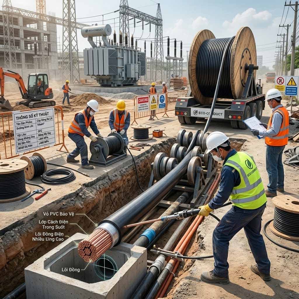 Cáp điện ngầm 1 lõi hạ thế đang được thi công