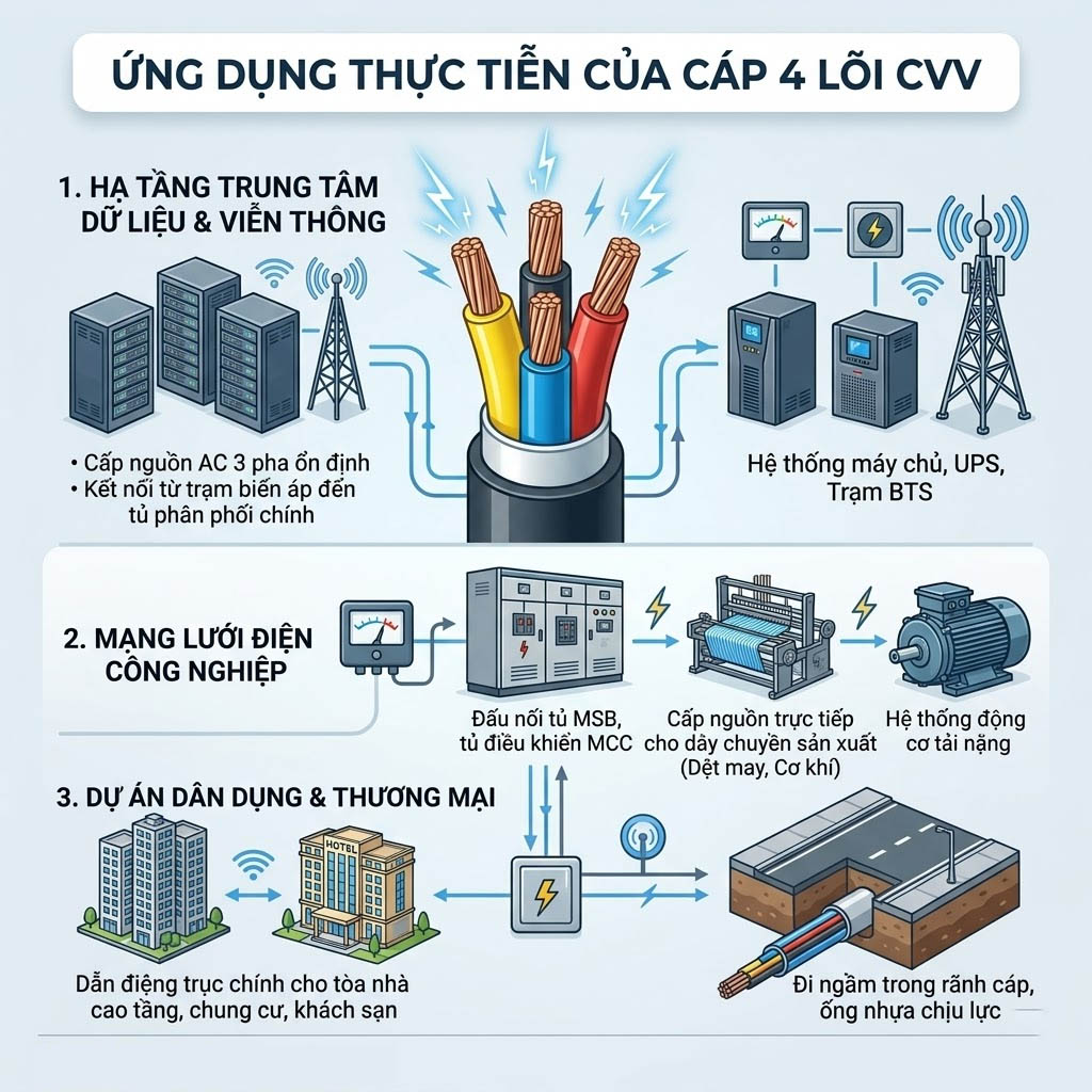 Ứng dụng thực tiễn của cáp hạ thế 4 lõi