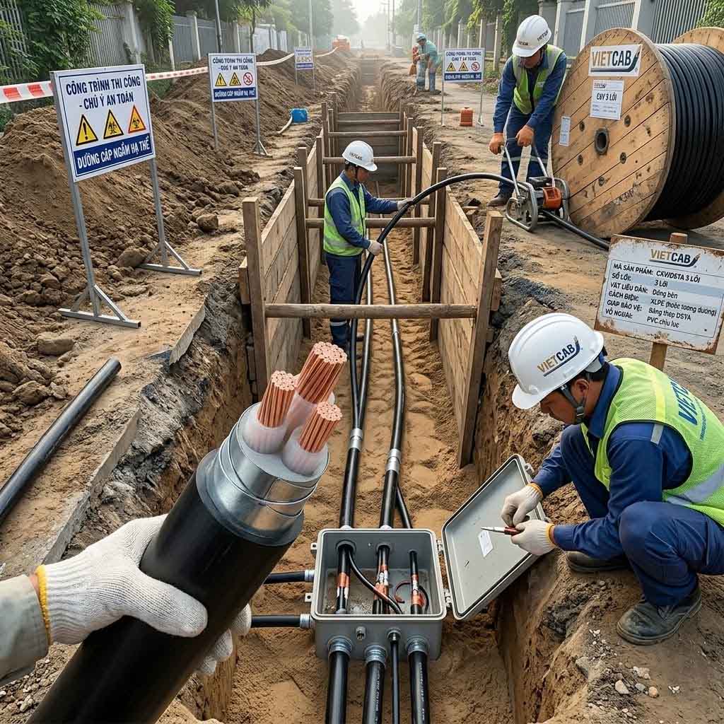 thi công cáp ngầm hạ thế 3 lõi